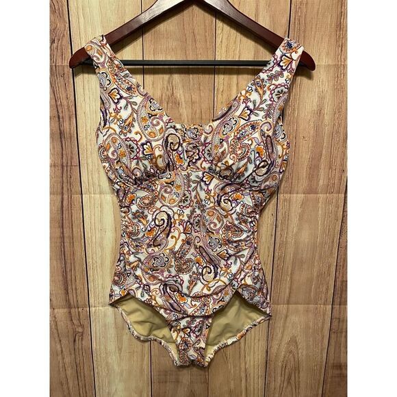 LANDS' END size 10 Swimsuit one piece  Paisley V-Neck Ruched Resort-wear - Picture 2 of 9